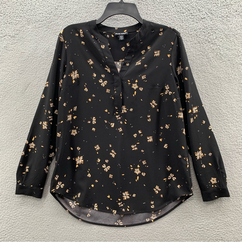 Hilary Radley Top Blouse Black Floral Split V-Neck Long Sleeve Round Hem Neck S